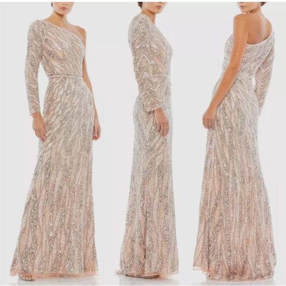 MAC DUGGAL 4982 EMBELLISHED ONE SLEEVE W/ SEQUIN BELT ROSE GOLD GOWN sz 12 - Picture 3 of 3